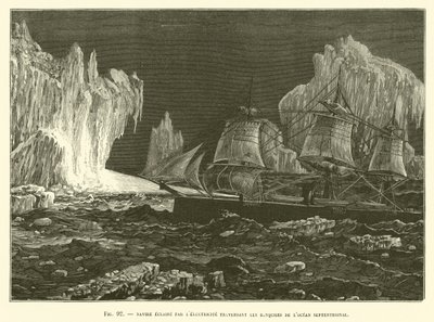 Ship Lit by Electricity Crossing the Ice Floes of the Northern Ocean by French School